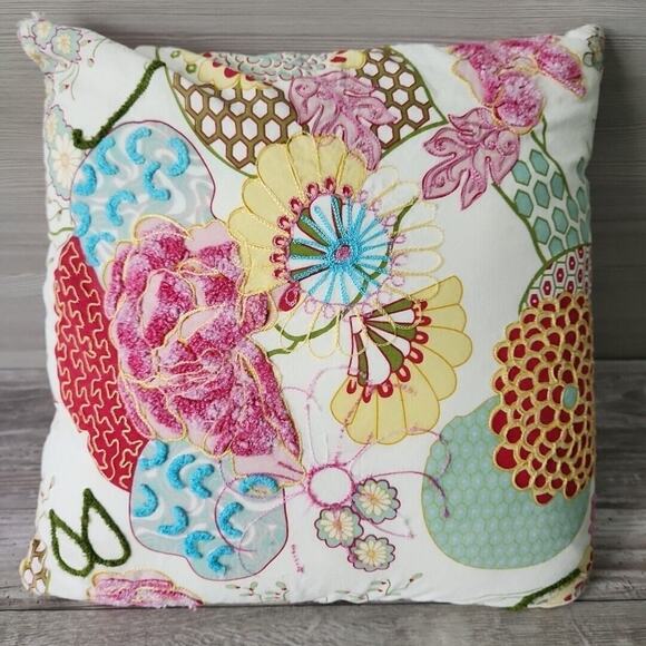 Pier 1 Imports Multicolored Floral Pastel Embroidered Pillow Pink Stripe Back - Picture 4 of 13